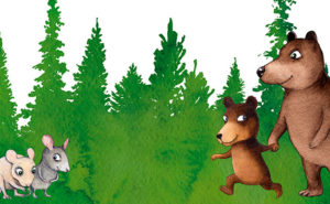Piirroskuva jossa metsä, kaksi hiirtä ja kaksi karhua.