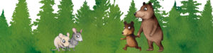 Piirroskuva, jossa metsä, kaksi hiirtä ja kaksi karhua.