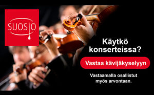 Suomen Sinfoniaorkesterit ry:n logo, viulistien käsiä ja teksti "Käytkö konserteissa? Vastaa kävijäkyselyyn. Vastaamalla osallistut myös arvontaan."